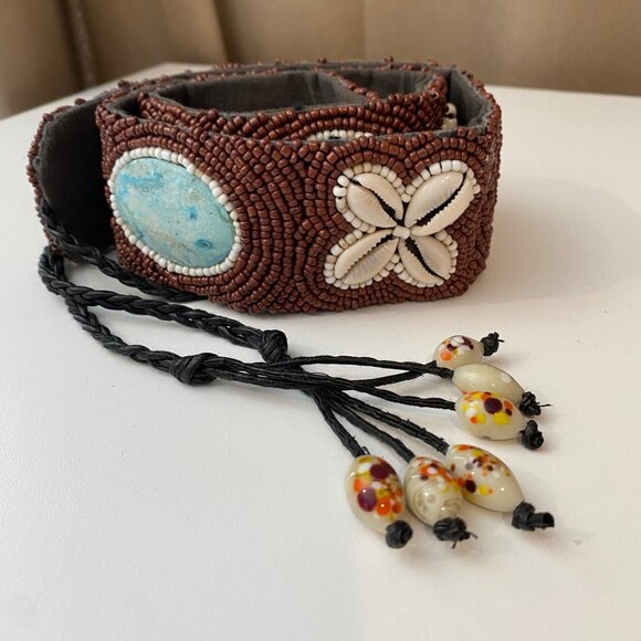 Betty Belts Beaded Shell Belt w/ Turquoise Stone & Long‎ Tassels 29" - Picture 6 of 6